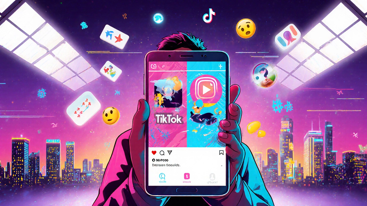 Человек держит смартфон, на экране — посты Instagram, TikTok и VK, вокруг – эмодзи и хэштеги.
