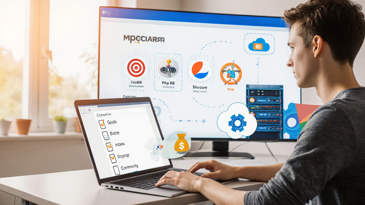 Человек на рабочем месте настраивает новую платформу форума, окружённый облачными и серверными элементами.