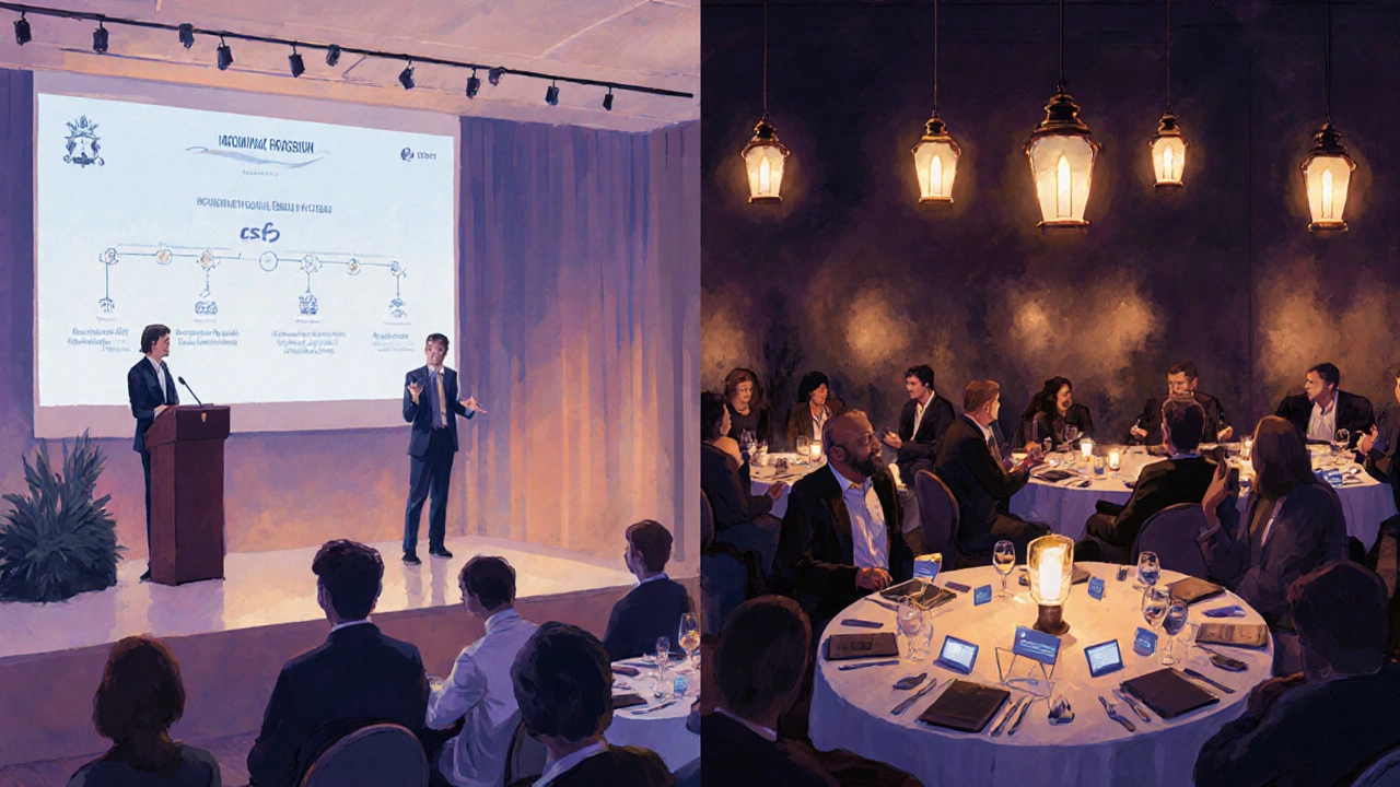 Два момента двухдневного форума: доклад на сцене и неформальное общение за ужином в вечернем лаунже.