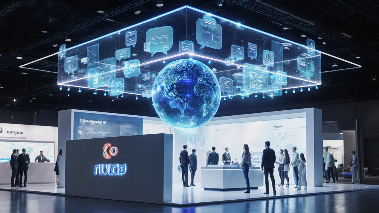 Гибридная выставка с физическим стендом и виртуальными голографическими элементами.