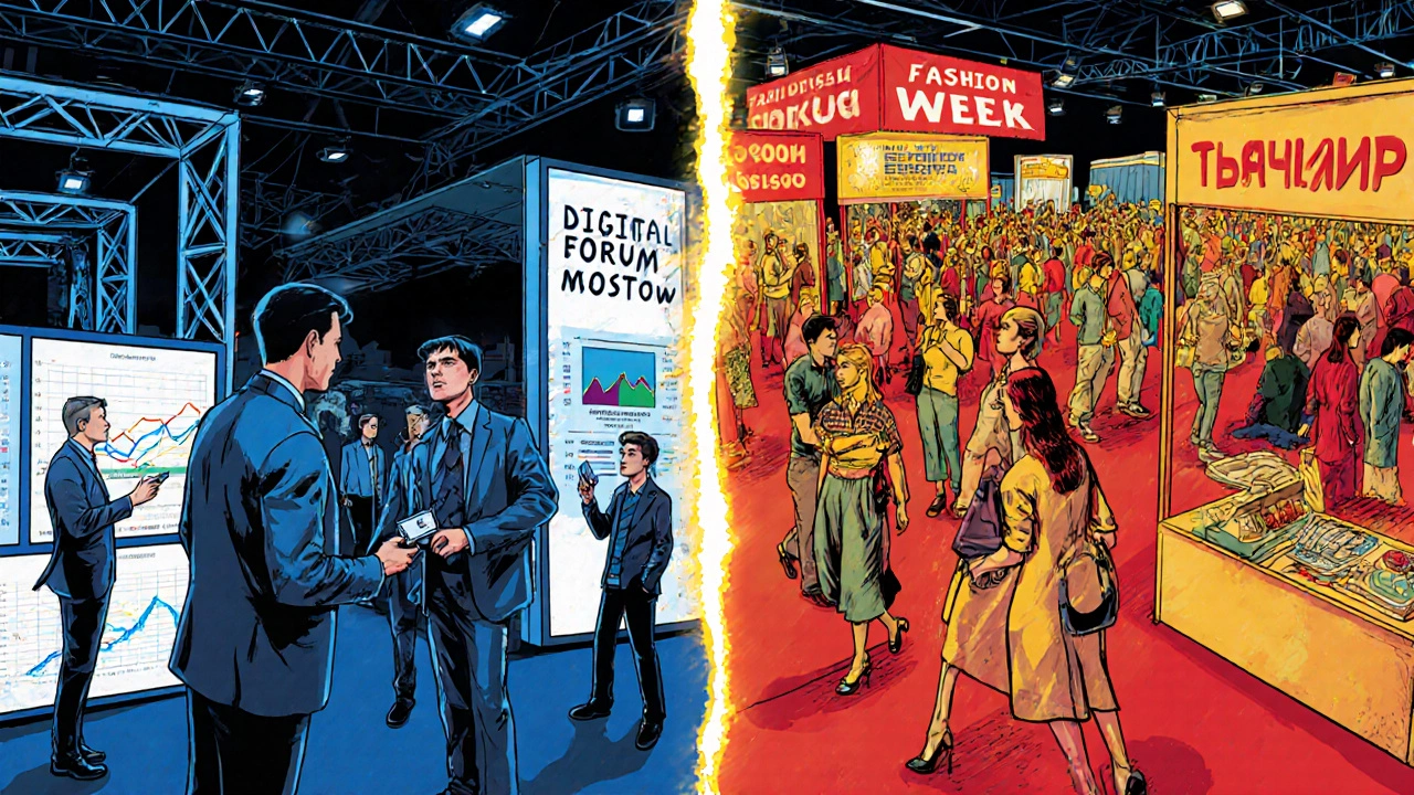 Комикс‑стиль разделённый панелью: слева B2B, справа B2C, яркая разница форматов.