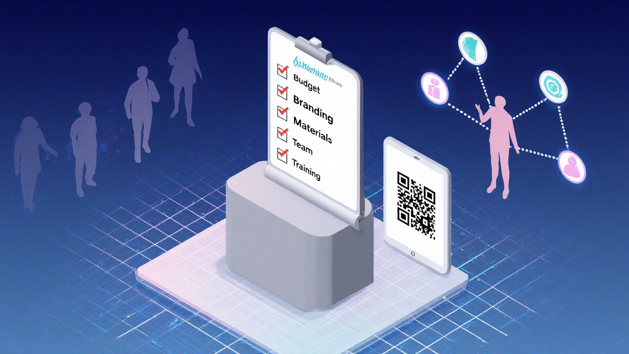 Минималистичный образ чек‑листа подготовки к гибридной выставке, иконки и QR‑код.