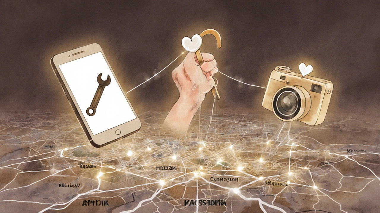 Три локальных сервиса — ремонт техники, помощь пожилым и фотография — связаны на карте города.