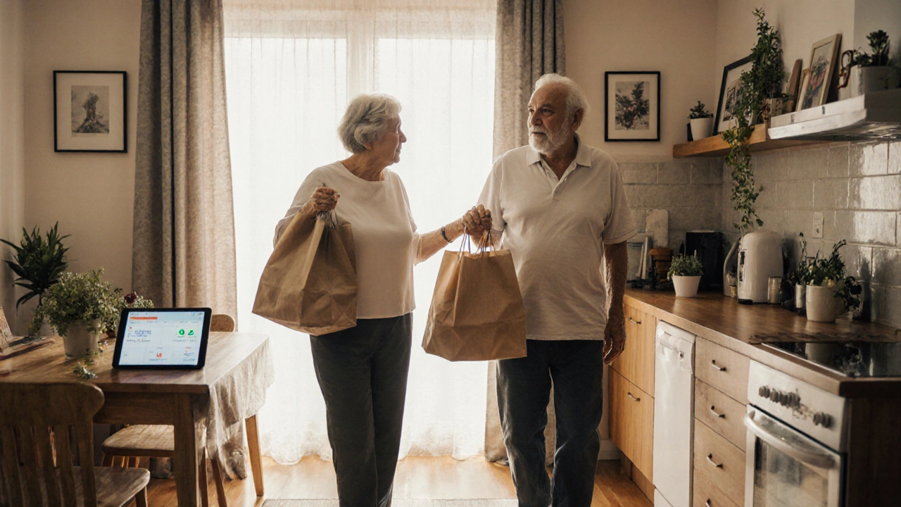 Женщина помогает пожилому мужчине нести продукты домой.