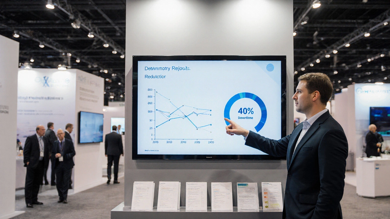 B2B-стенд с графиками ROI и чистым дизайном для профессионалов закупок.