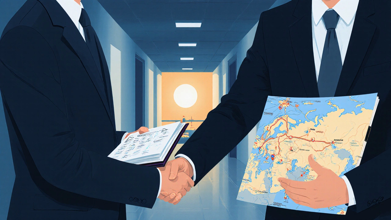 Два бизнесмена рукопожатием заключают партнёрство после форума, на фоне карты России.