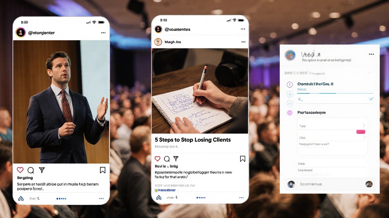 Экран социальной сети с историями: репетиция спикера, запись в блокноте и опрос о команде.