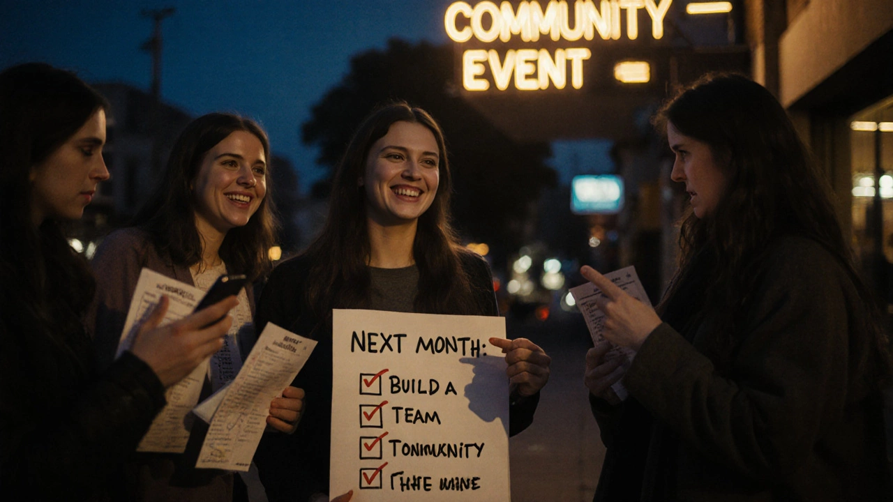 Группа людей у входа на мероприятие с чек-листами, смотрят на ручную табличку с анонсом следующего события.