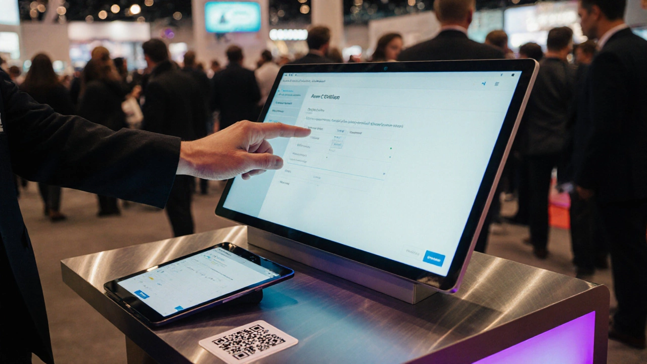 Интерактивная панель на выставке с рукой, настраивающей продукт, и подсветкой внизу.