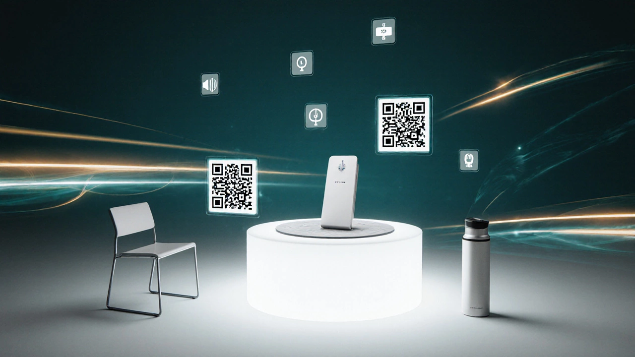 Концептуальное изображение выставочного опыта: продукт в центре, окруженный цифровыми элементами и зарядкой.