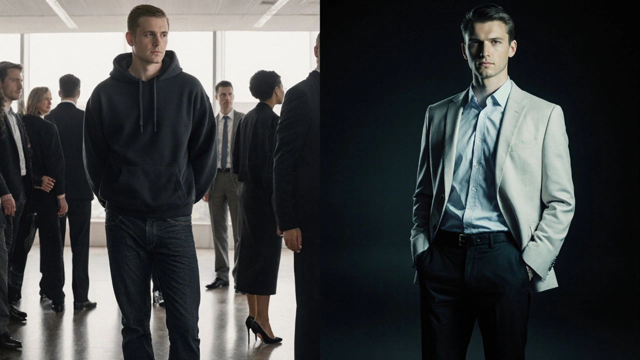 Контраст: неподходящая одежда слева и профессиональный стиль справа на деловой конференции.