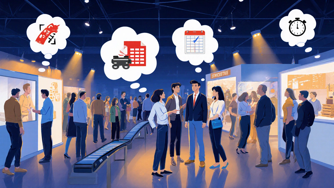 На выставке команда стартапа слушает клиента из розничной сети, над головами — визуализации проблем бизнеса.