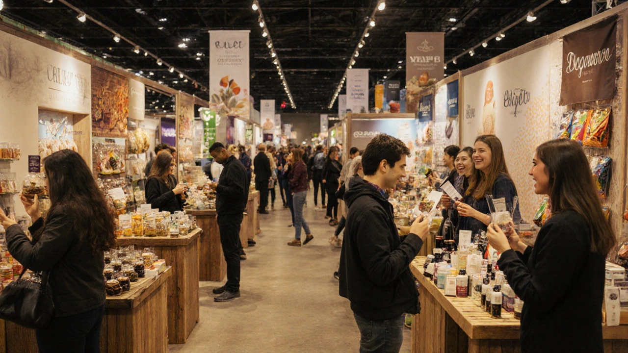 Посетители пробуют еду и косметику на выставке для конечных потребителей.