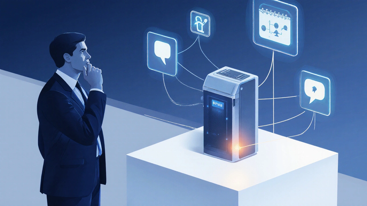 Решатель стоит перед минималистичным стендом с одним работающим продуктом, вокруг — атмосфера доверия и осознания.