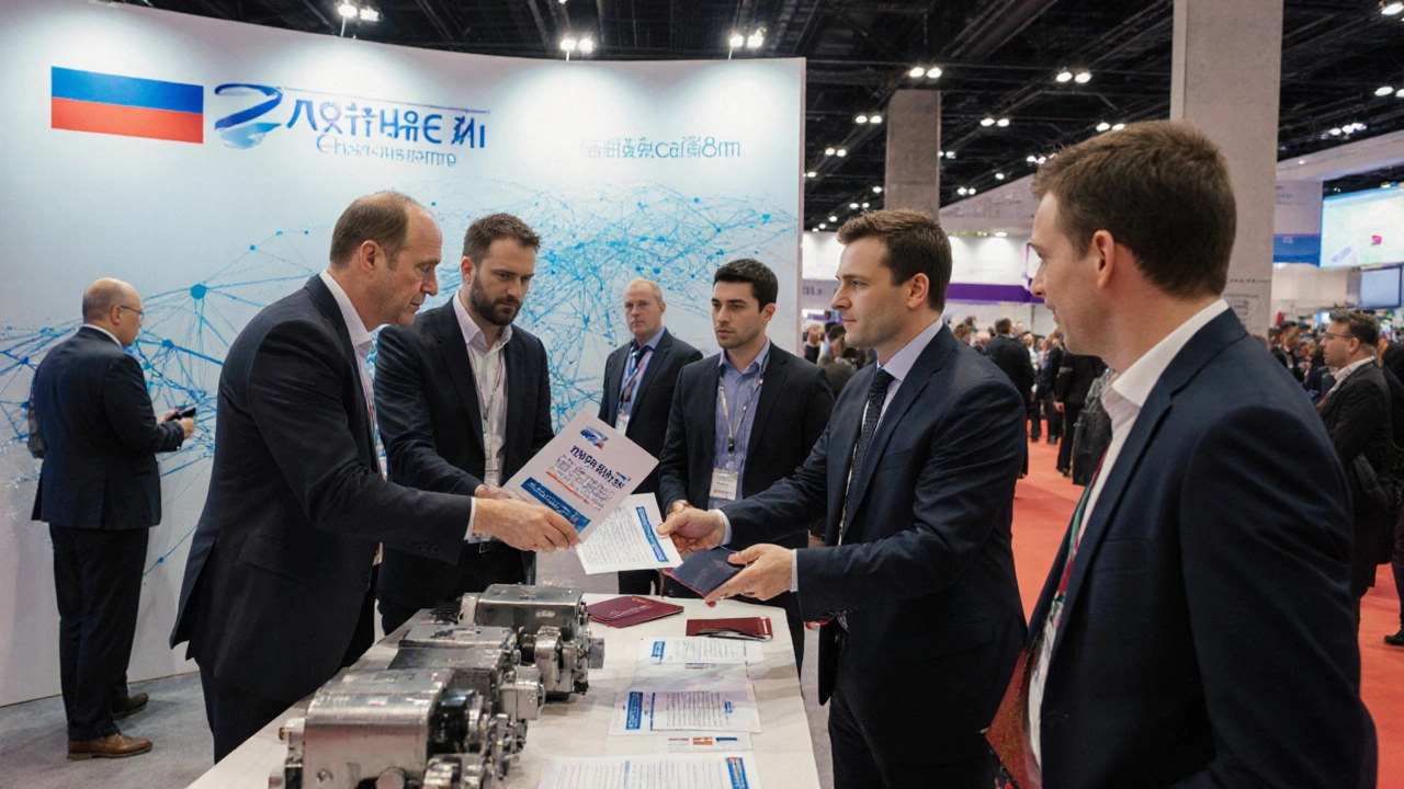 Российская компания представляет оборудование международным покупателям на выставке с билингвальными материалами.