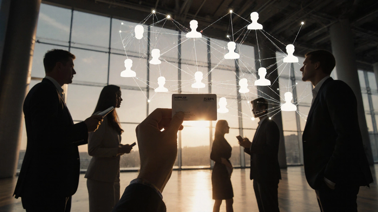 Рука держит визитку, превращающуюся в сеть светящихся связей с людьми разных ролей в пустом выставочном зале.