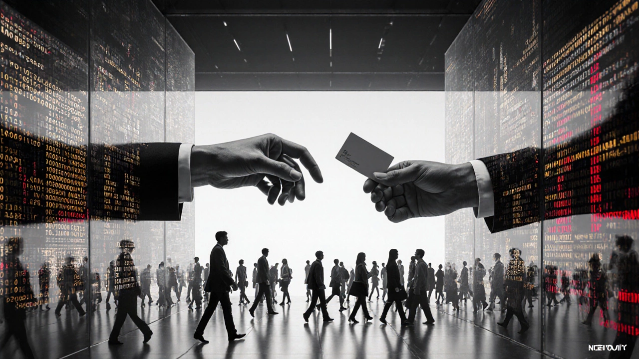 Руки сближаются через цифровой поток — символ человеческого контакта в мире технологий.