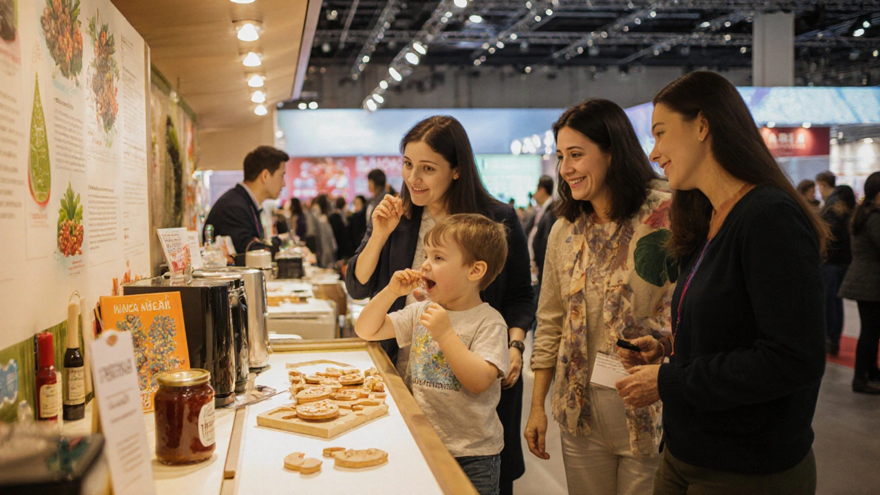 Семья пробует органические продукты на потребительской выставке в уютной кухонной зоне.