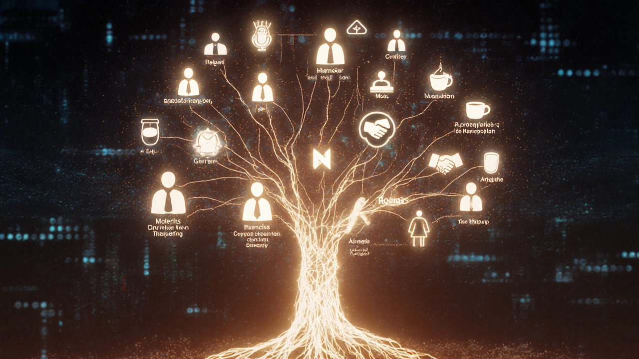 Сеть людей, соединённых как дерево, символизирует доверие и связи, рождённые на форумах.