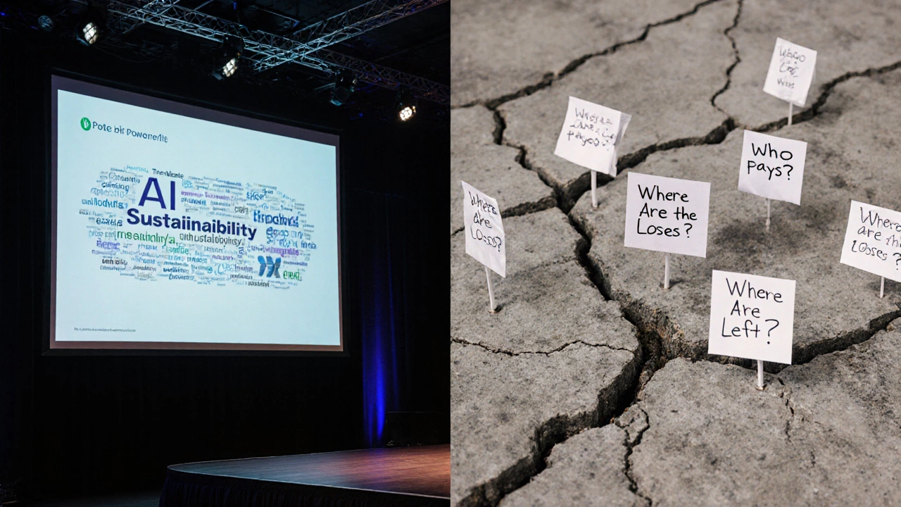 Слева — глянцевые слова о росте, справа — трещины с вопросами о правде под сценой.