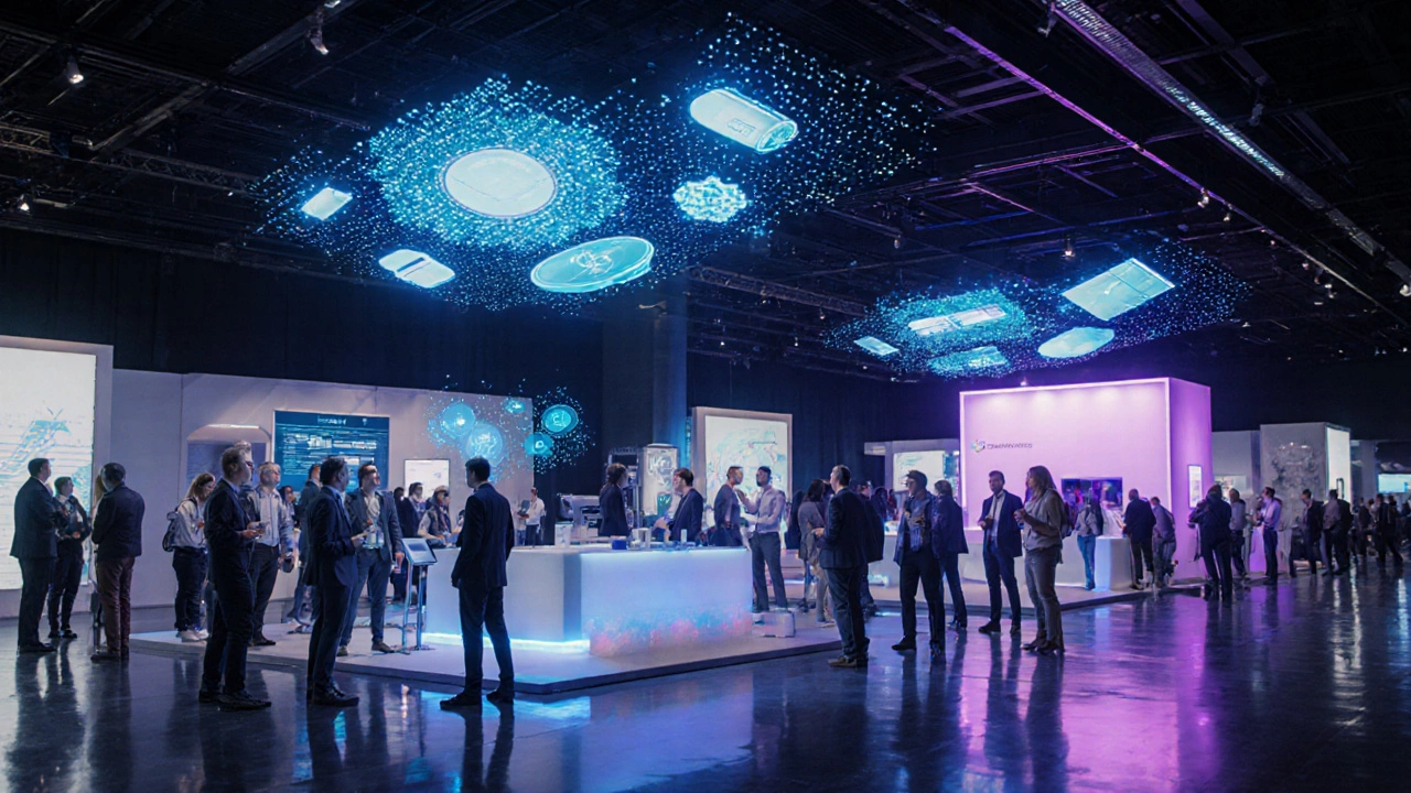 Технологическая выставка с голографическими интерфейсами и экологичными материалами.