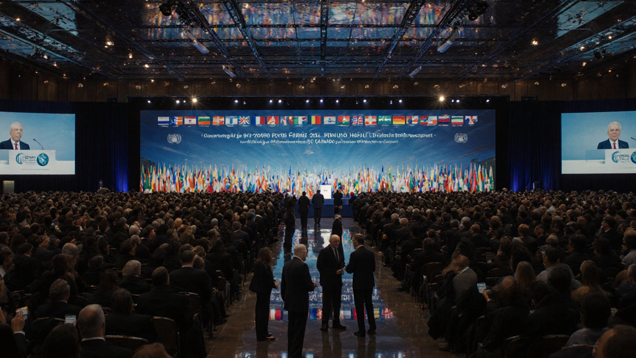 Тысячи людей на международном форуме в светлом конгресс-центре с отражениями флагов на полу.