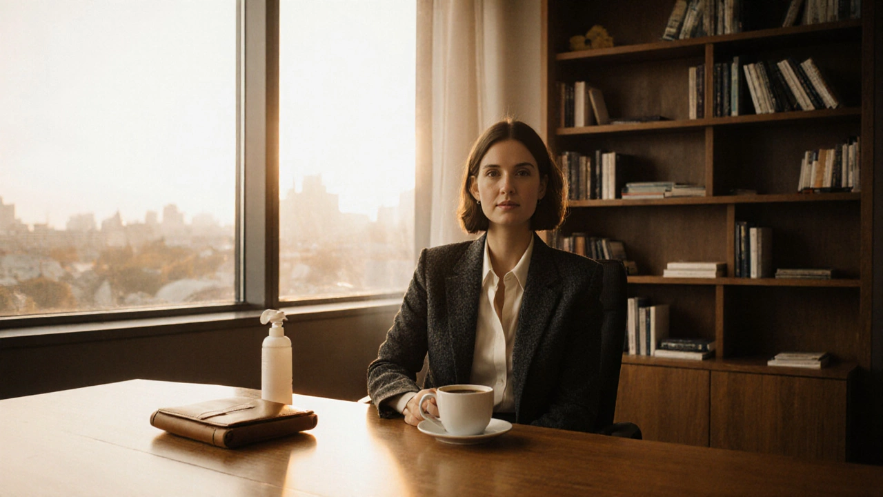 Женщина в брючном костюме сидит за конференционным столом в Санкт-Петербурге с кофе и органайзером.