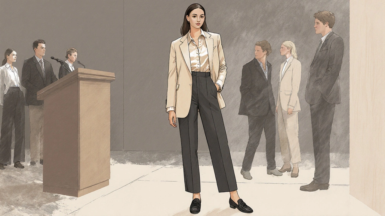 Женщина в темных брюках и бежевой блузке с легким жакетом на конференции, в закрытой обуви.