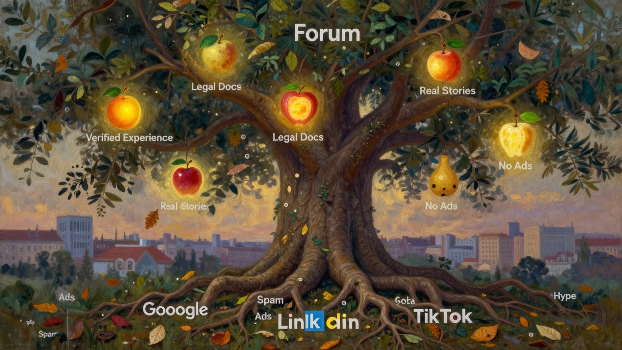 Абстрактное дерево, где форум — сильная ветвь с плодами проверенного опыта, а другие платформы — увядающие корни.