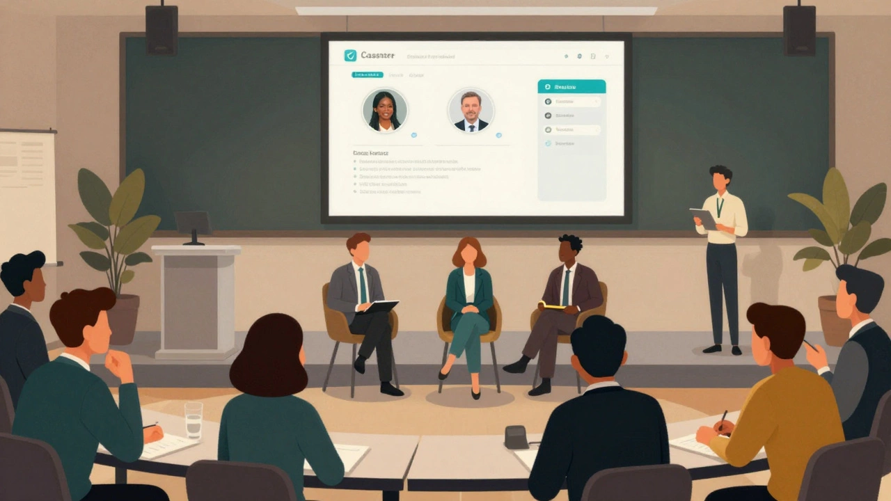 Аудитория бизнес-профессионалов участвует в живом обсуждении кейса на мероприятии с интерактивными экранами.