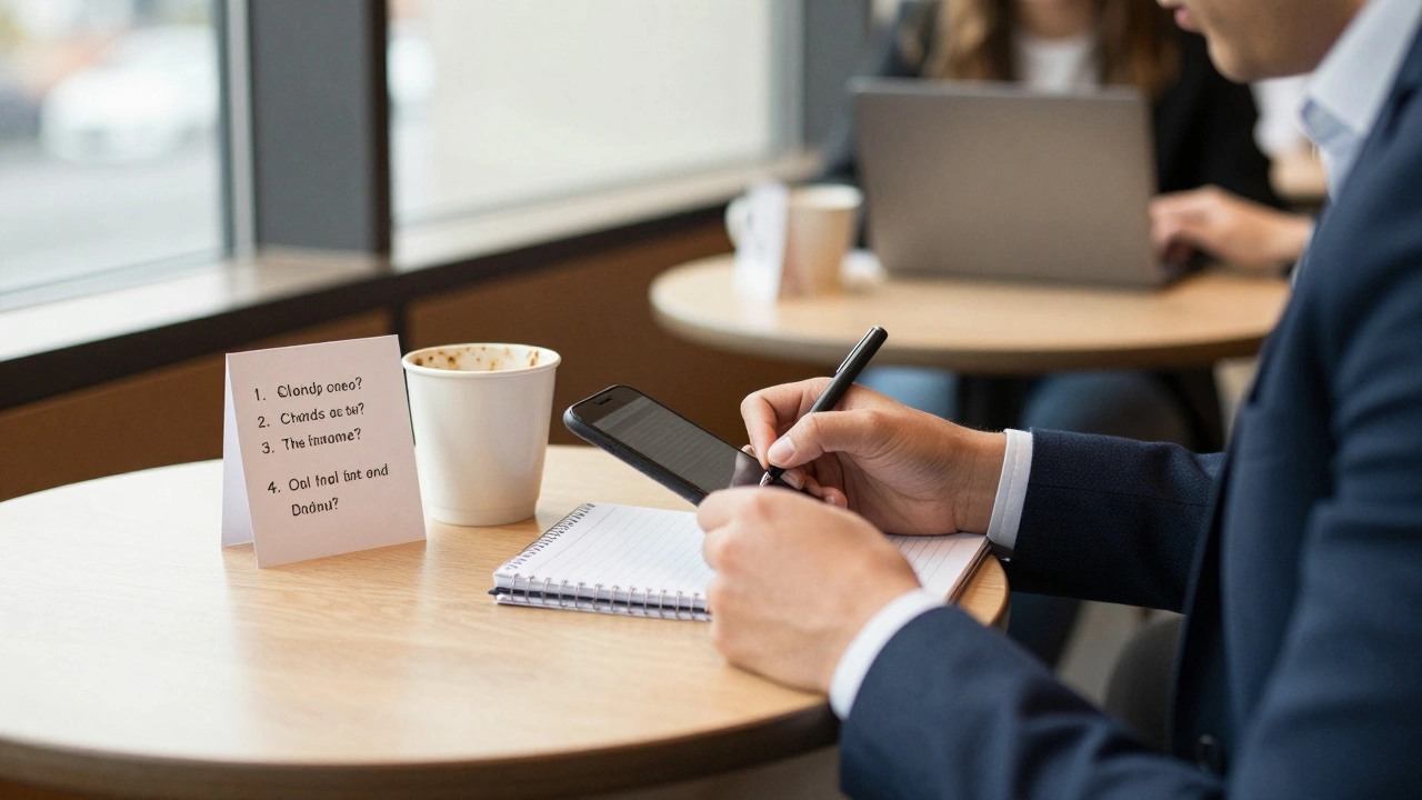 Бизнесмен делает заметки на телефоне с карточкой вопросов рядом на столе.