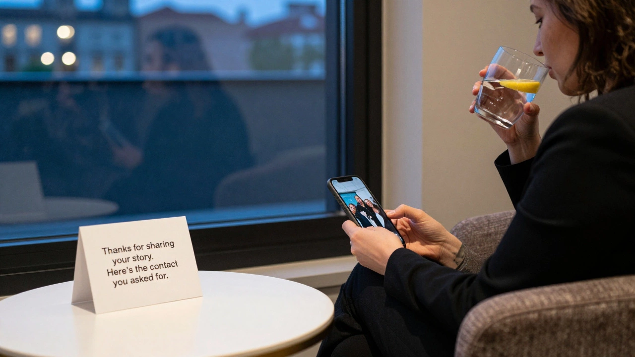 Человек смотрит на фото с мероприятия и личное сообщение — связь продолжается после события.