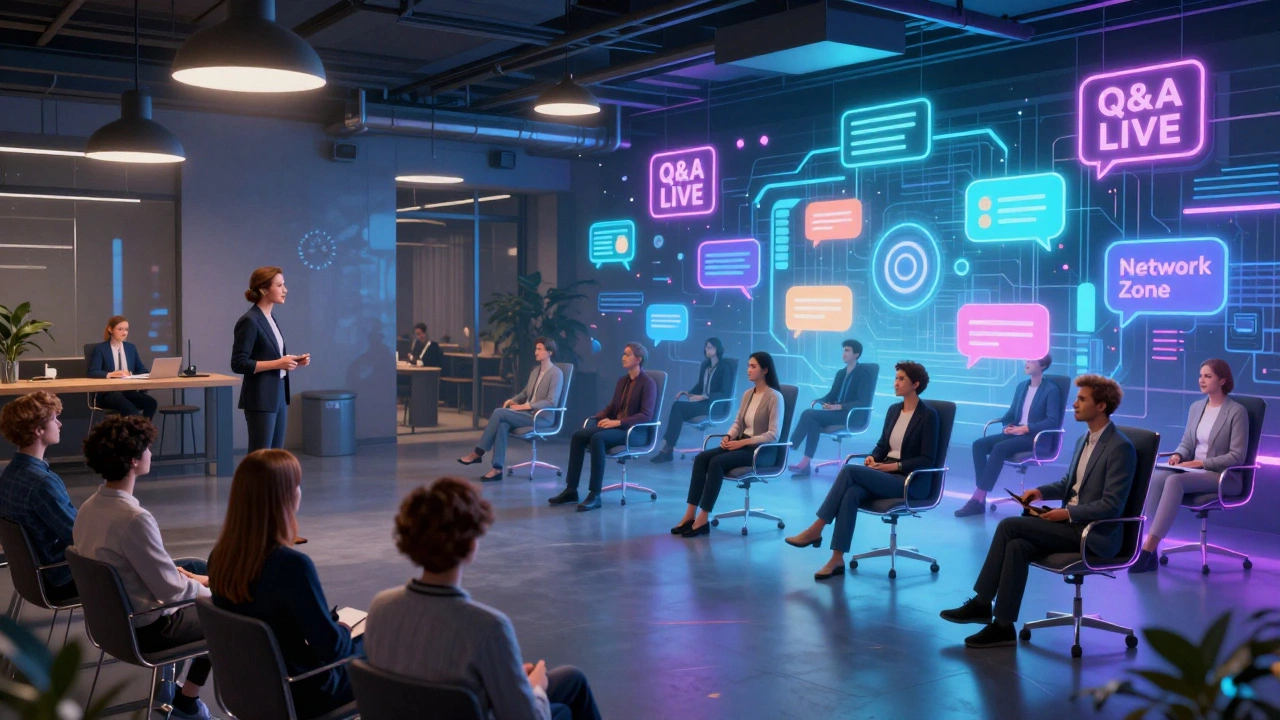 Гибридная конференция: реальная аудитория и виртуальные аватары взаимодействуют в современном цифровом пространстве.