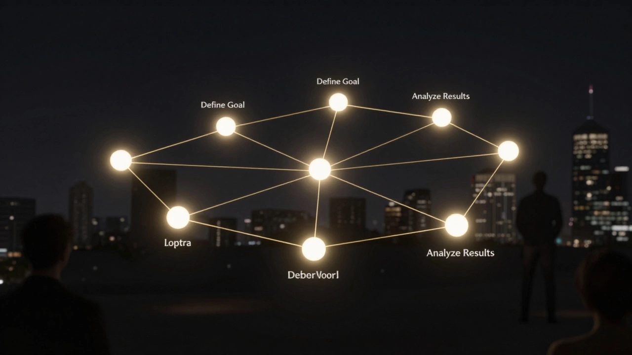 Графическая схема из 12 этапов планирования мероприятия, соединённых золотыми линиями, символизирующая стратегический процесс.