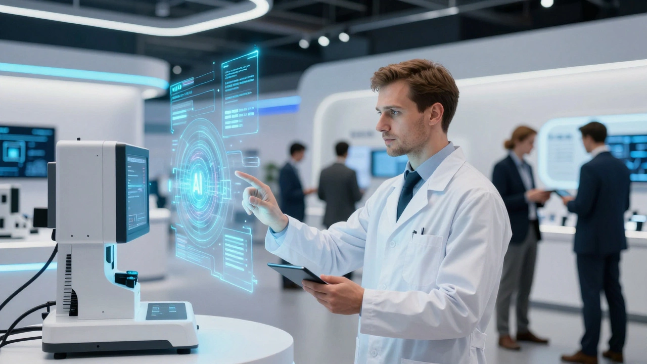 Инженер взаимодействует с голографической системой ИИ на гибридной выставке.