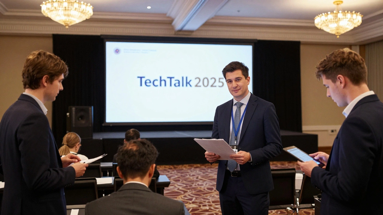 Команда организует корпоративную конференцию в современном зале с техникой и экраном.