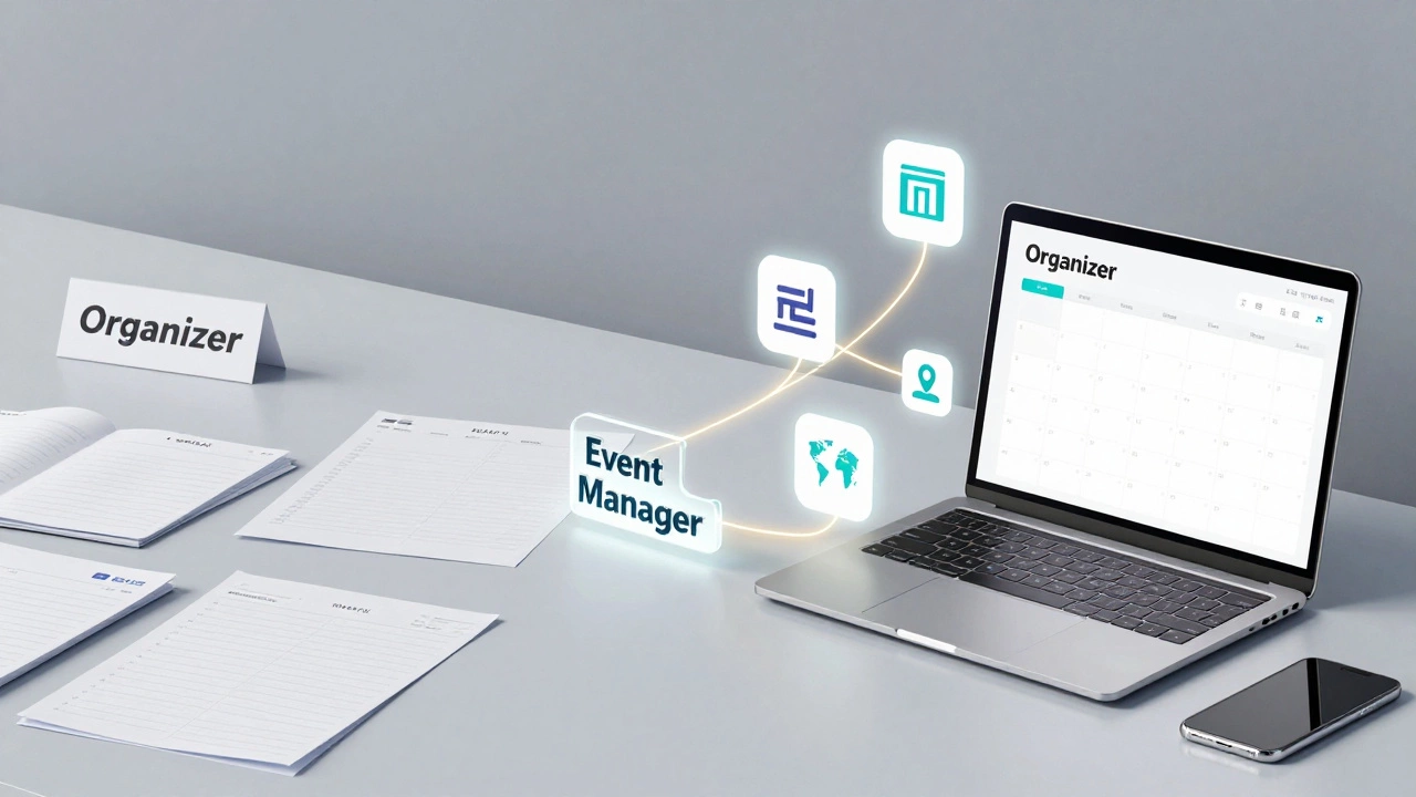 Концептуальное изображение перехода от организатора к событийному менеджеру с символами роста.