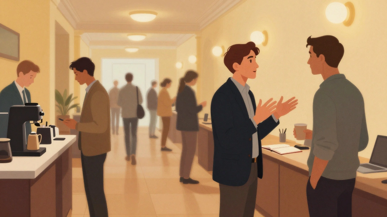 Люди общаются в коридоре бизнес-конференции, случайная встреча за кофе.