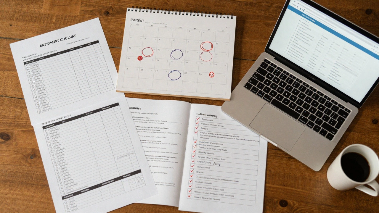 На столе расставлены документы по организации мероприятия: бюджет, чек-лист, ноутбук с регистрацией.