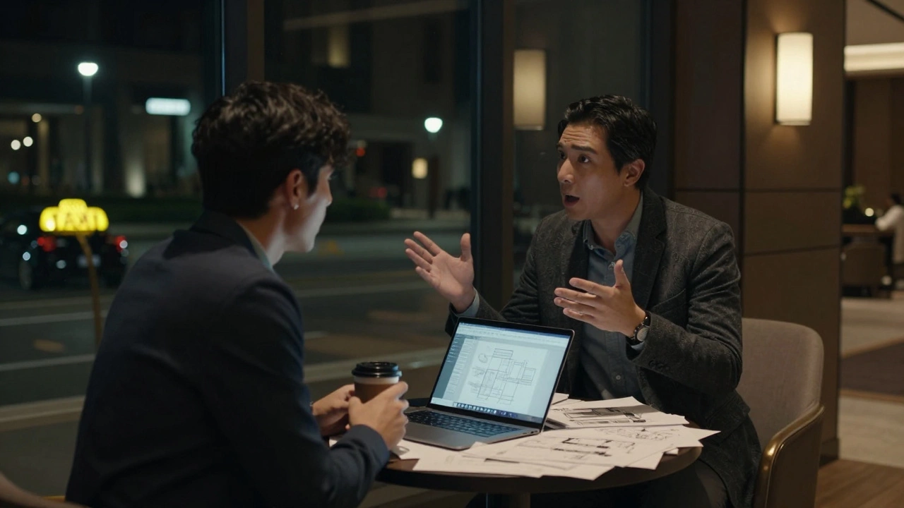 Ночью в холле отеля два предпринимателя обсуждают проект, за окном — такси, на столе — эскиз прототипа.