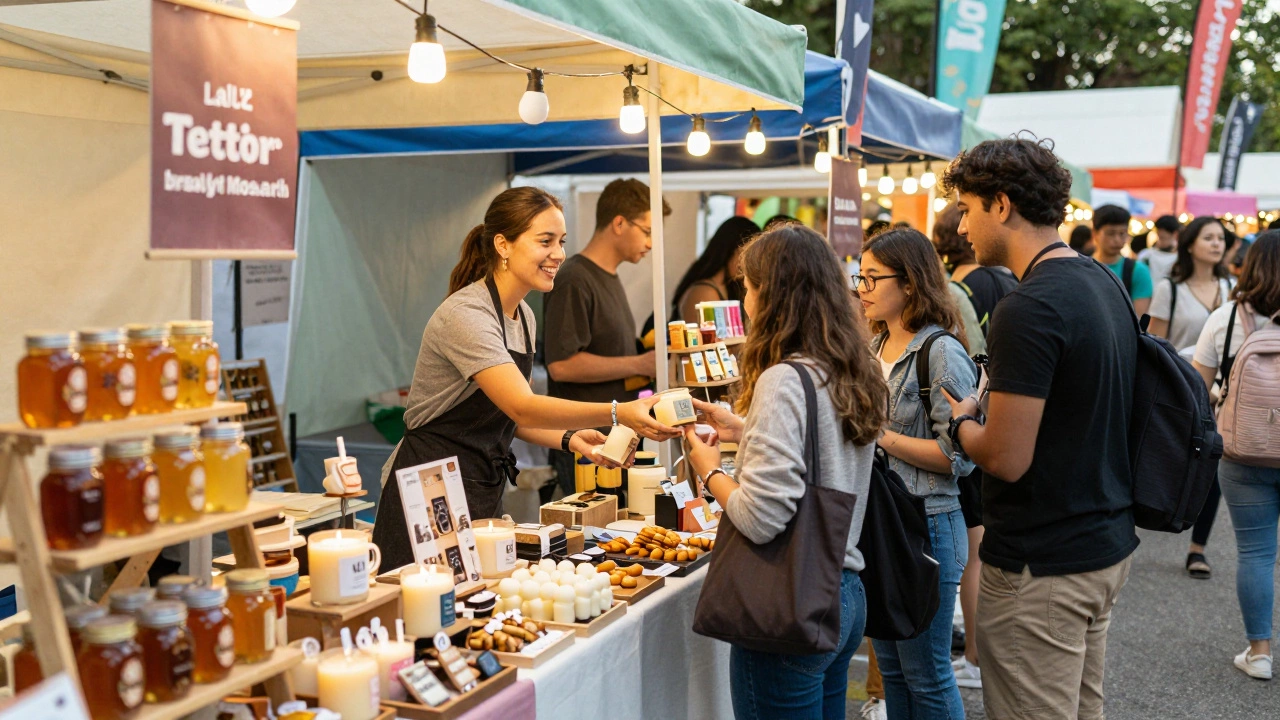 Посетители выбирают продукты на консумерской ярмарке с ручными свечами и медом.