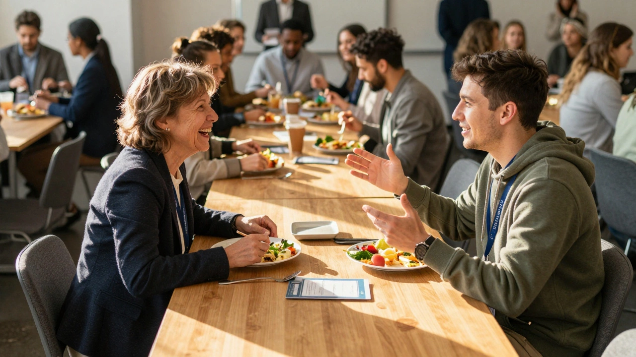 Пожилая женщина и молодой мужчина смеются за обедом на сетевом мероприятии.
