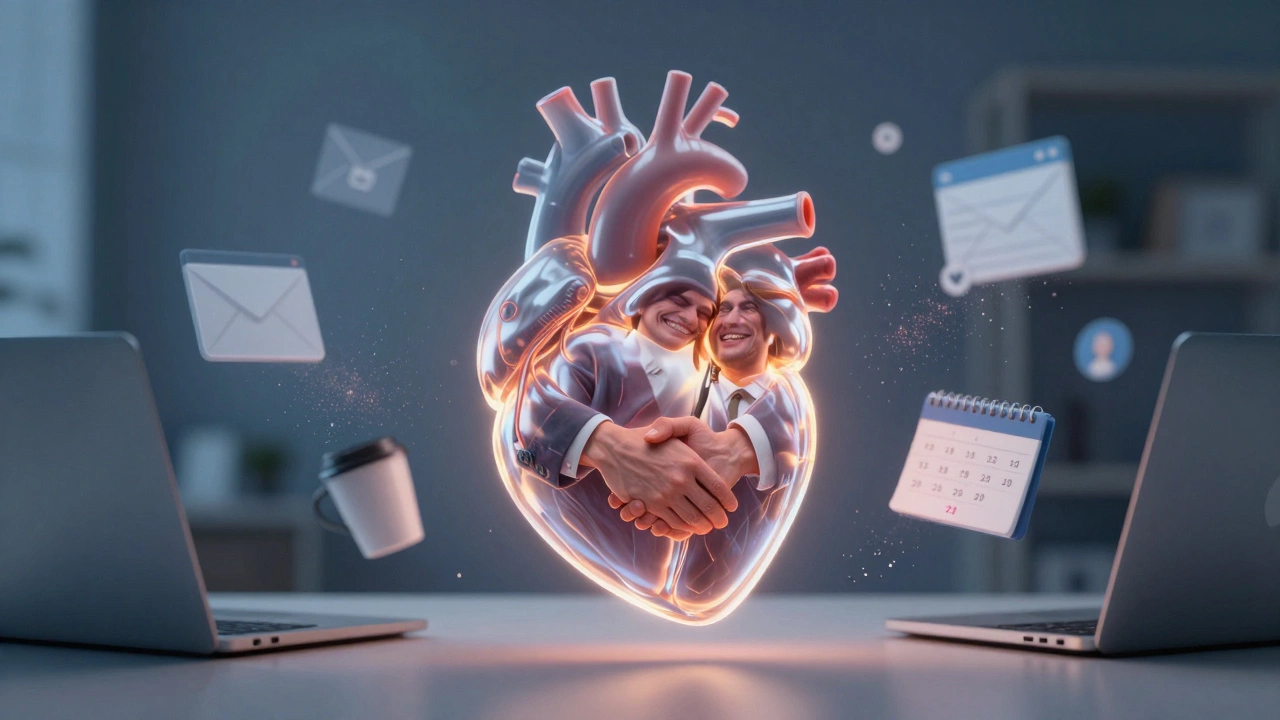 Прозрачное сердце с символами доверия, цифровые сообщения тают в пыли.