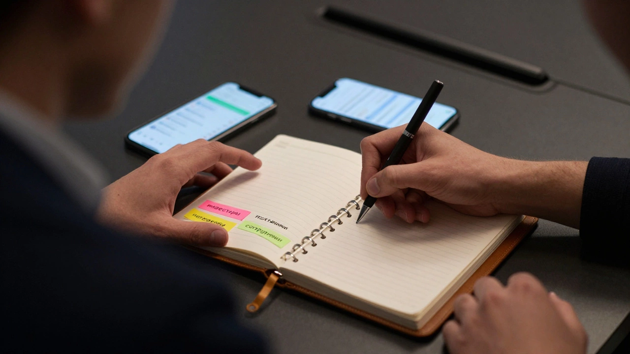 Руки записывают контакты в блокноте с цветными метками на конференции.