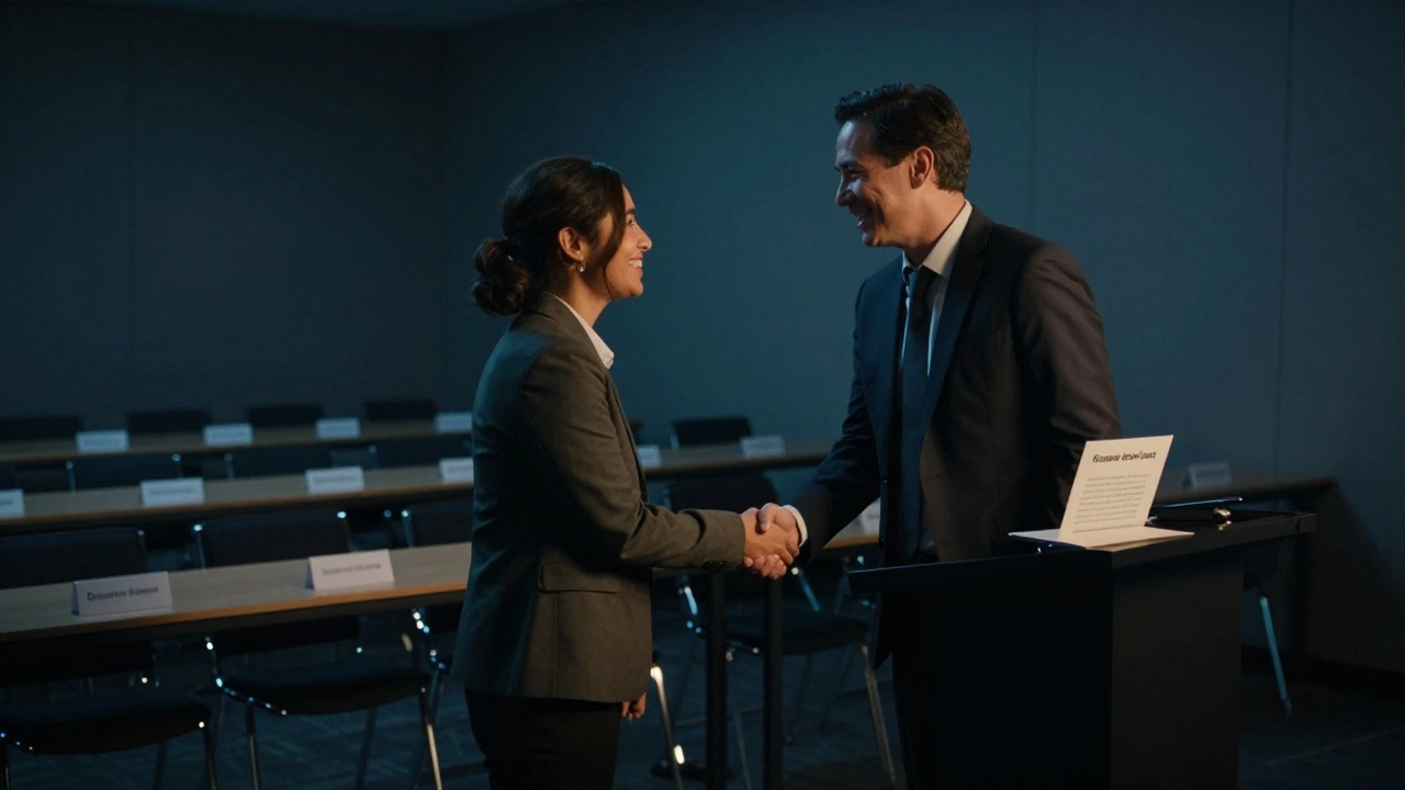 Руководитель благодарит сотрудника после мероприятия, на фоне пустого зала и заметки с благодарностью.