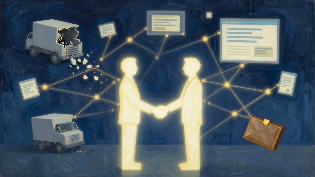 Символическое изображение бизнес-связей, возникающих после преодоления проблем — руки в рукопожатии, вокруг — разрушающиеся барьеры.