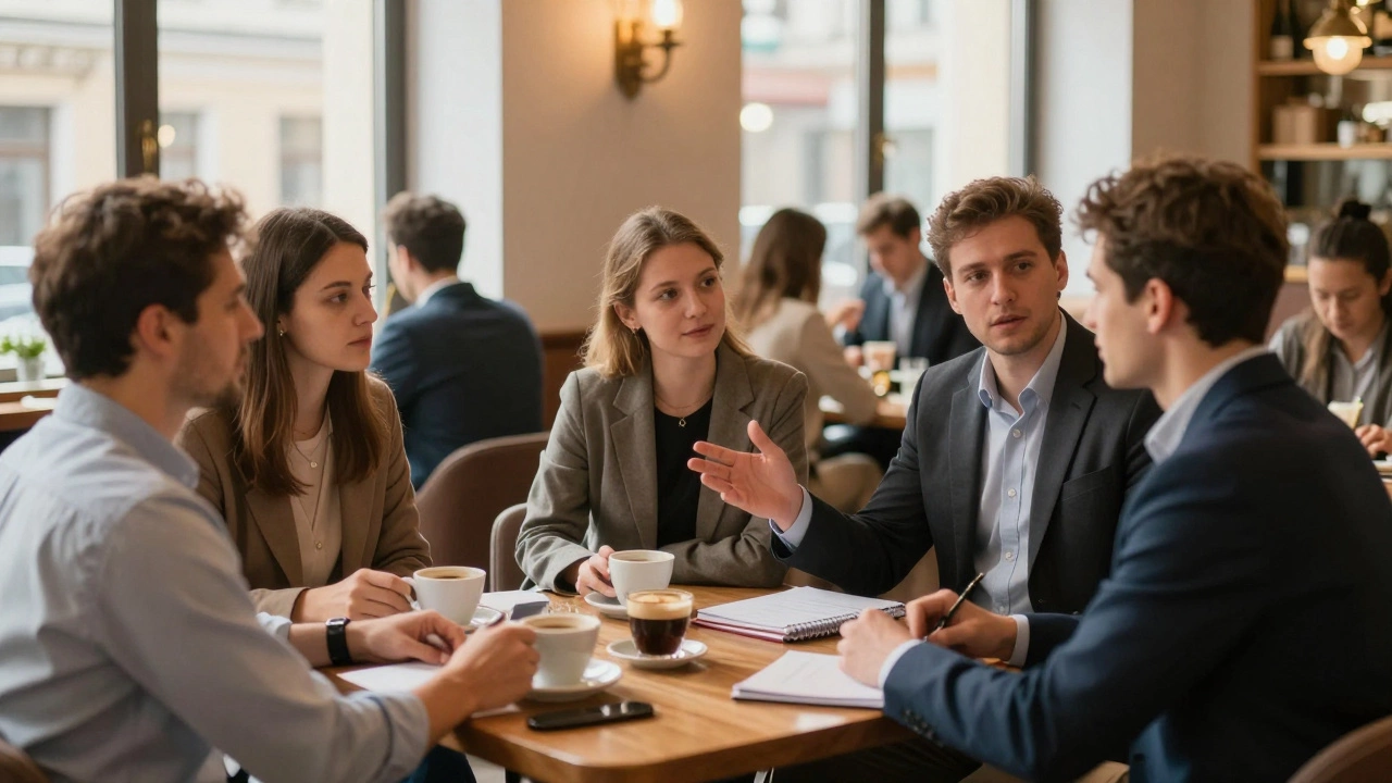 Бизнес-ланч в кафе, предприниматели ведут живое обсуждение за кофе без презентаций.