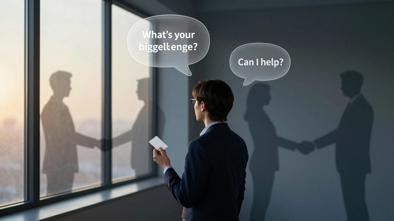 Человек держит визитку, над ним — мысли о вопросах, которые ведут к настоящему общению.