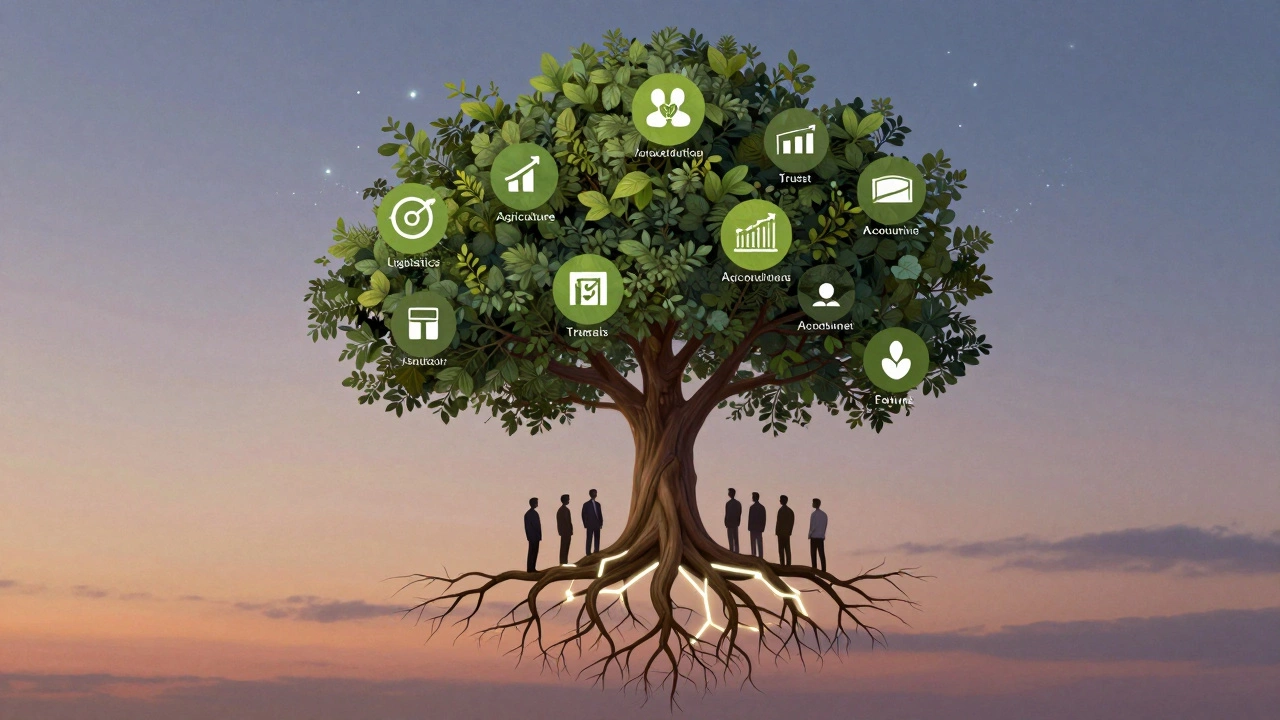 Дерево с корнями-темами форума, ветви — отрасли бизнеса, люди соединены с ним светящимися нитями.