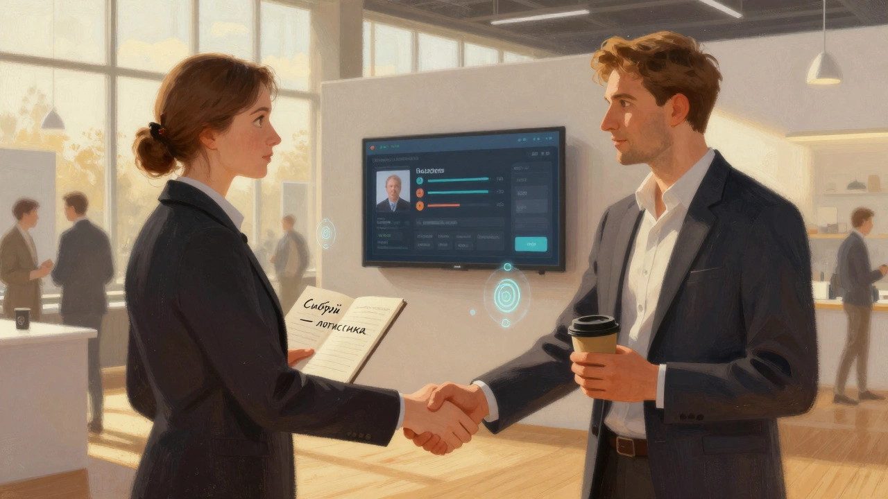 Два бизнесмена обмениваются рукопожатием и заметками на выставке, за ними — цифровой экран с отзывами.